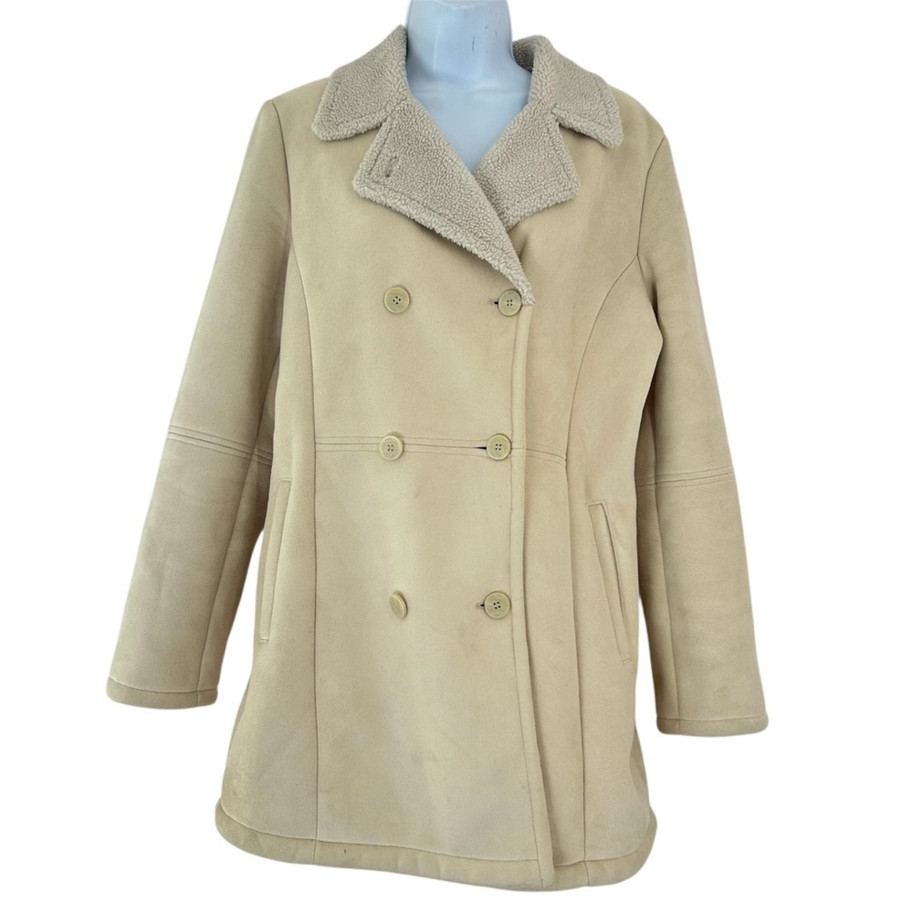 Braeton Y2K Womens Faux Suede Double Breasted Peacoat Ivory Size M Sherpa Lined